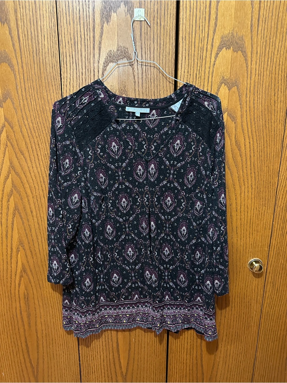 Daniel Rainn Women’s Black Paisley Blouse with Crochet Shoulder